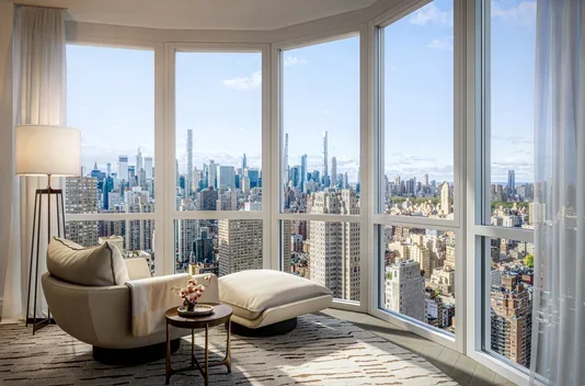 Interior vignette of panoramic views from within a luxury apartment at The Strathmore NYC - teaser image.