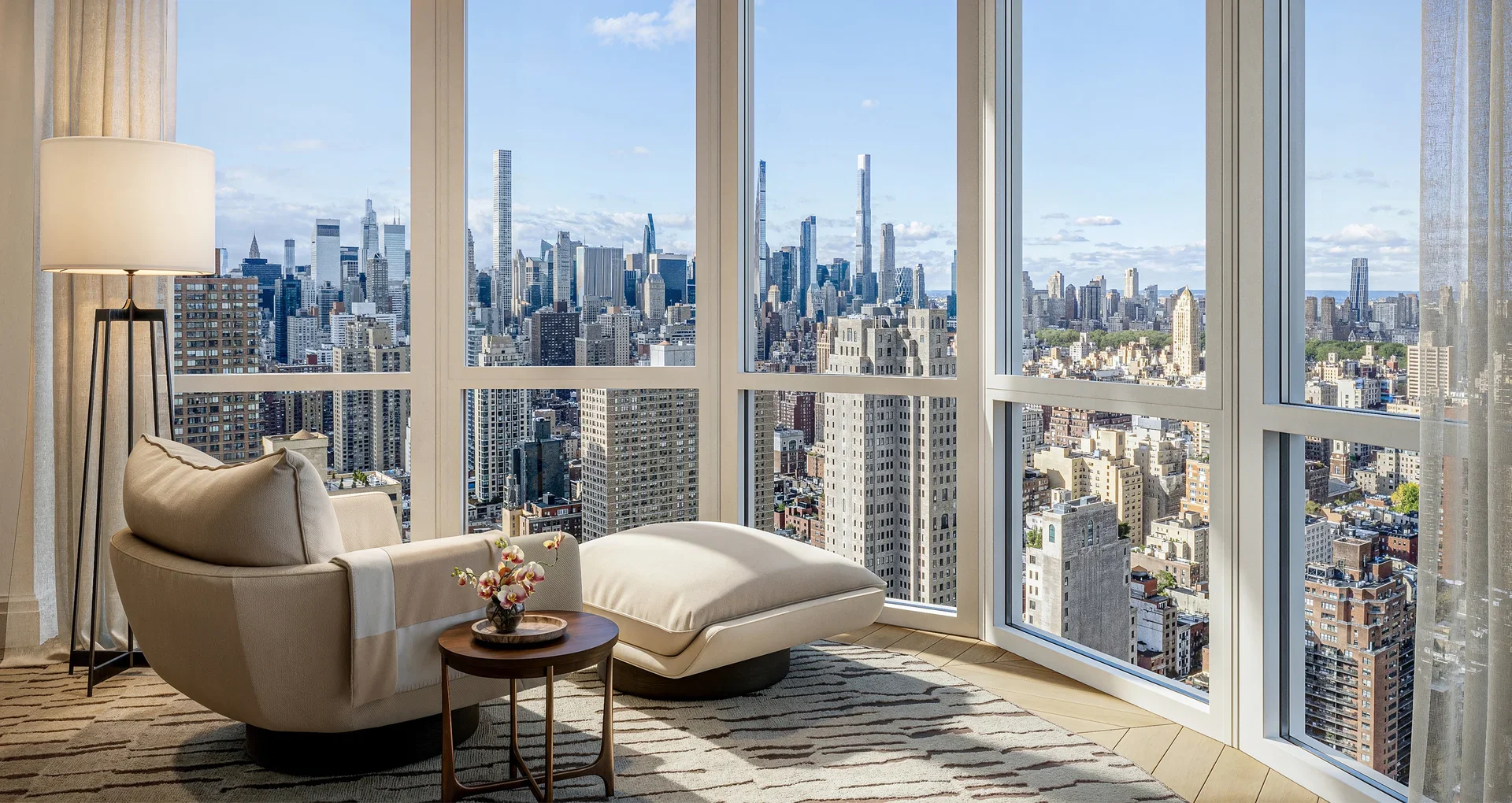 Interior vignette of panoramic views from within a luxury apartment at The Strathmore NYC.