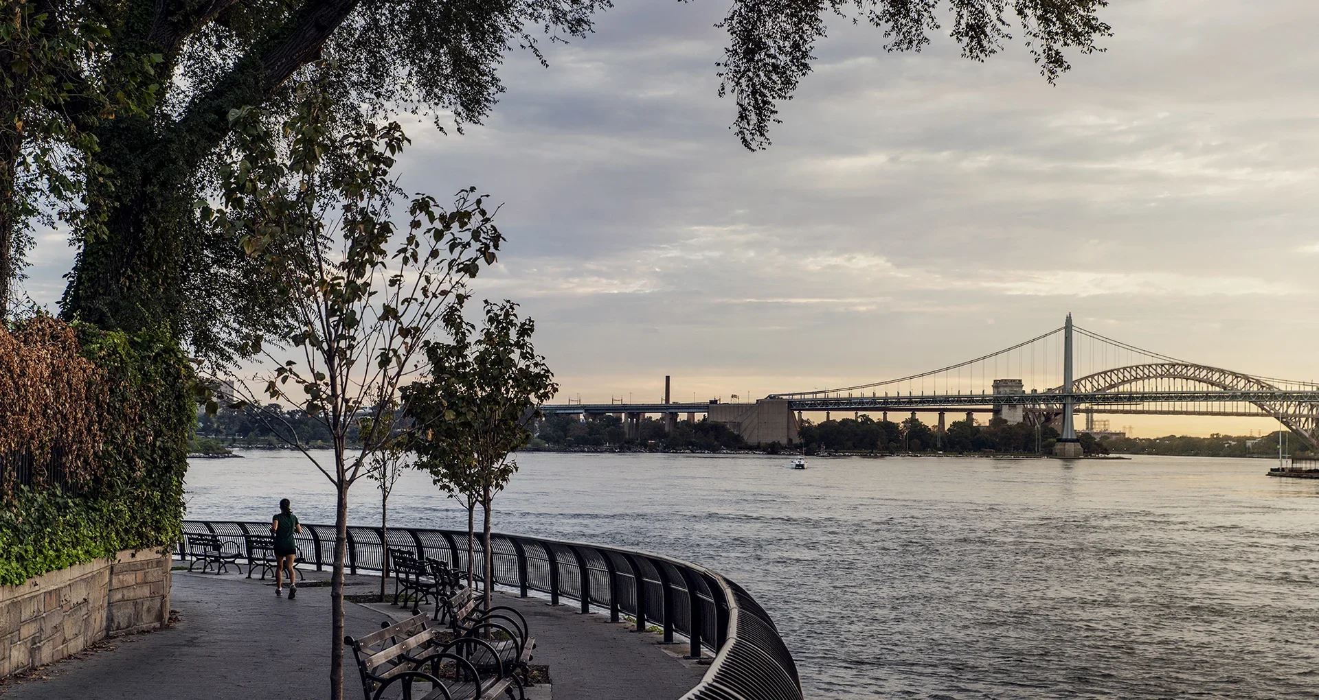 Charming Carl Schurz river promenade near The Strathmore luxury apartments for sale.