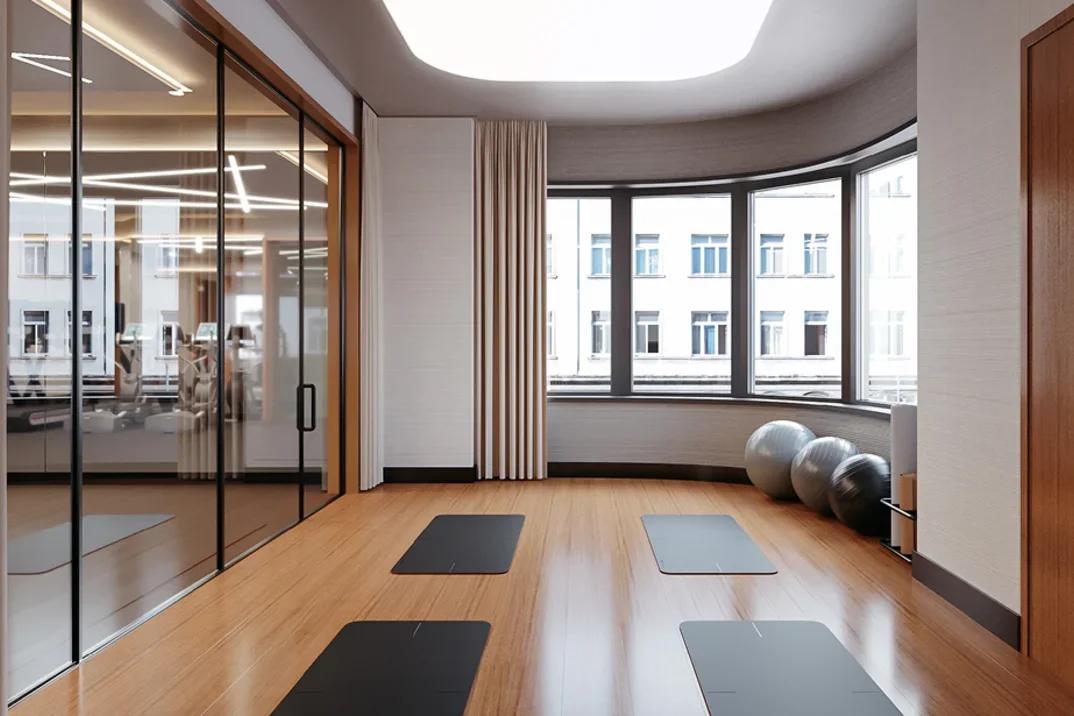 Private yoga studio with floor to ceiling mirrors and large windows, one of the luxury shared amenity spaces within The Strathmore condos in New York